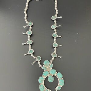 Turquoise and Silver Statement Necklace-Squash Blossom